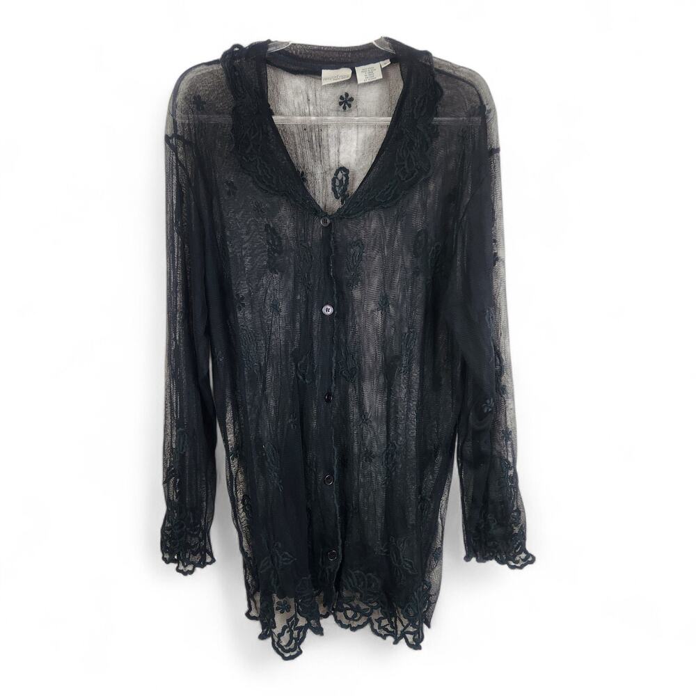90s Vtg Newport News Sheer Black Mesh Button Front Top LARGE Collar Goth Lng Slv
